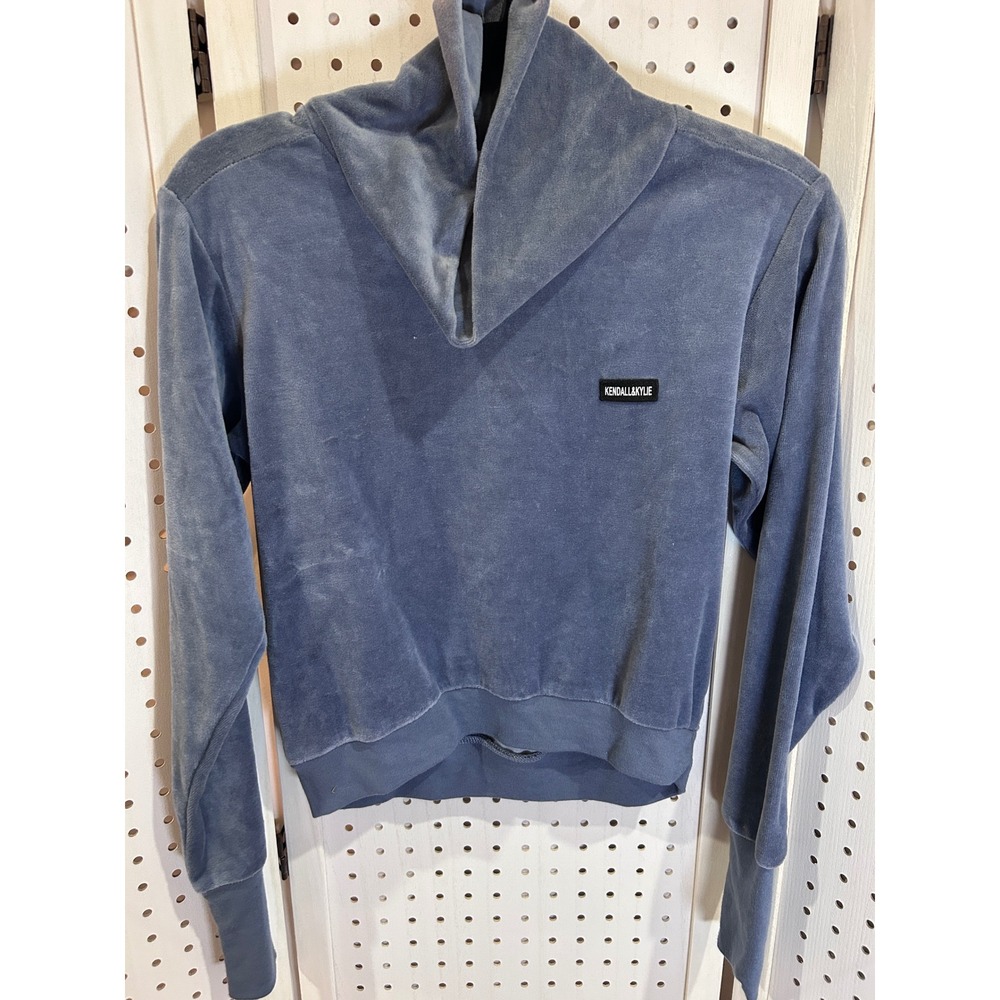 Kendall Kylie Velour Funnel Neck Cropped Hoodie Blue XS